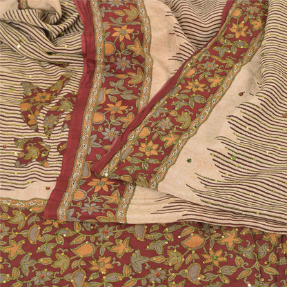 Sanskriti Vintage Sarees Ivory Hand Beaded Pure Crepe Printed Sari 5yd Sustainable Fabric