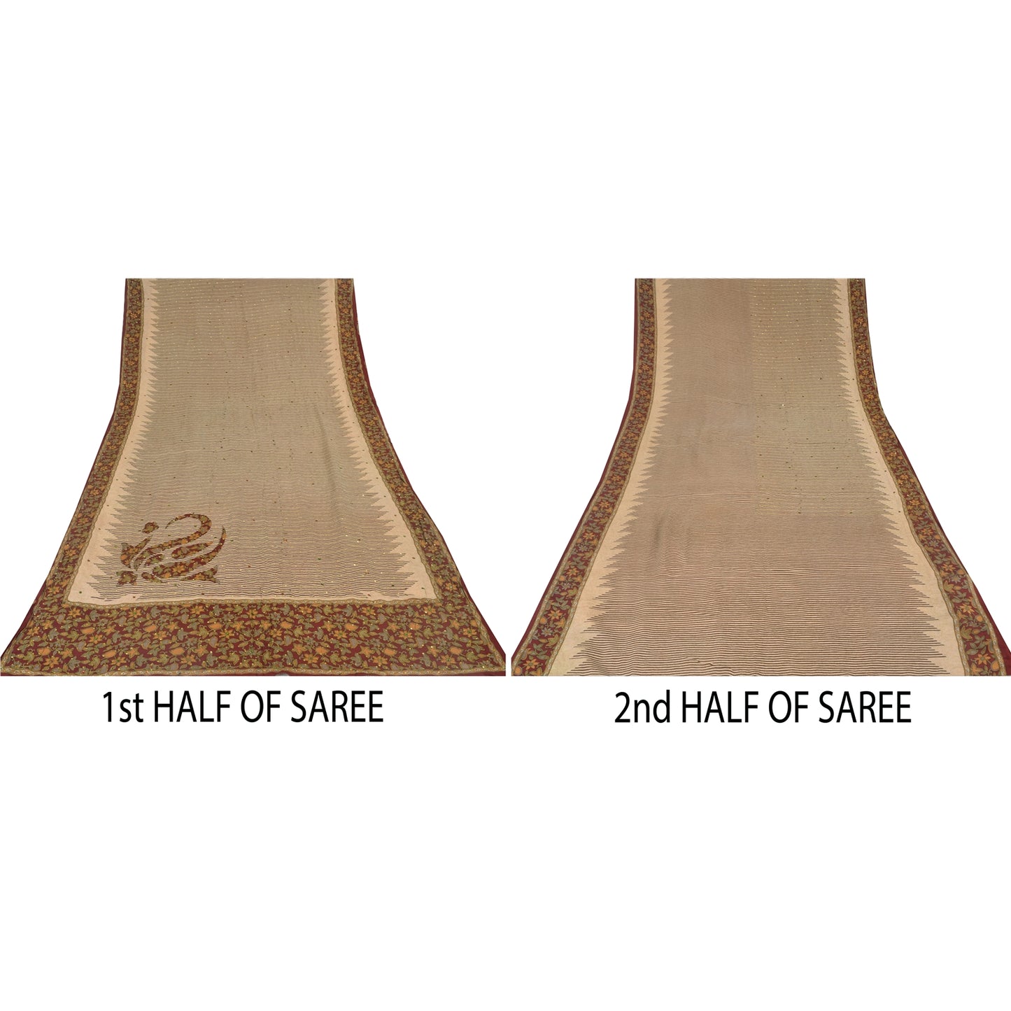 Sanskriti Vintage Sarees Ivory Hand Beaded Pure Crepe Printed Sari 5yd Sustainable Fabric