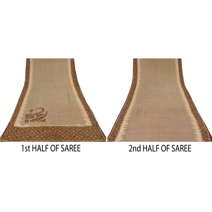 Sanskriti Vintage Sarees Ivory Hand Beaded Pure Crepe Printed Sari 5yd Sustainable Fabric