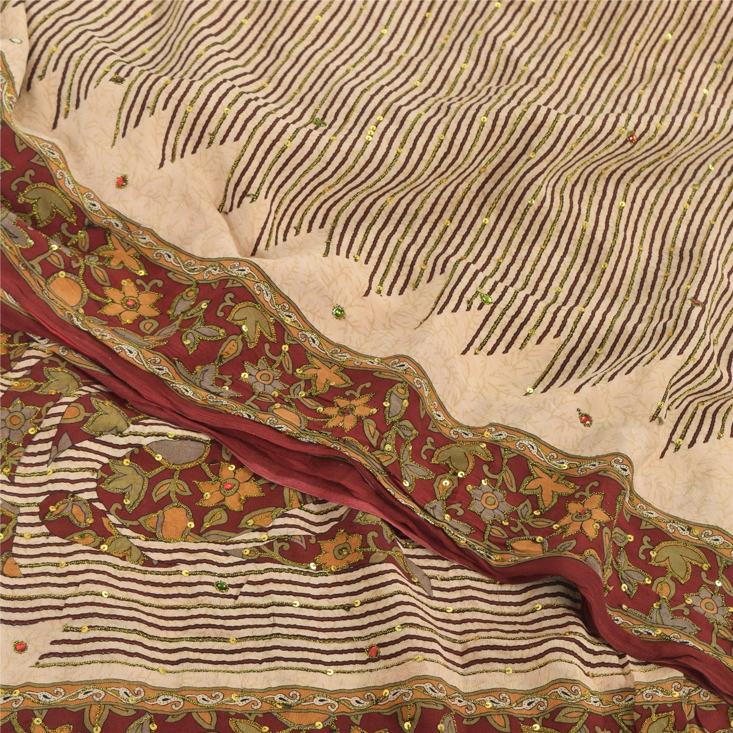 Sanskriti Vintage Sarees Ivory Hand Beaded Pure Crepe Printed Sari 5yd Sustainable Fabric