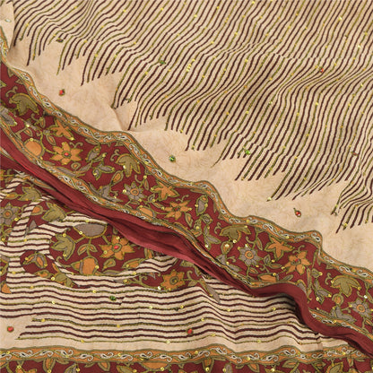 Sanskriti Vintage Sarees Ivory Hand Beaded Pure Crepe Printed Sari 5yd Sustainable Fabric
