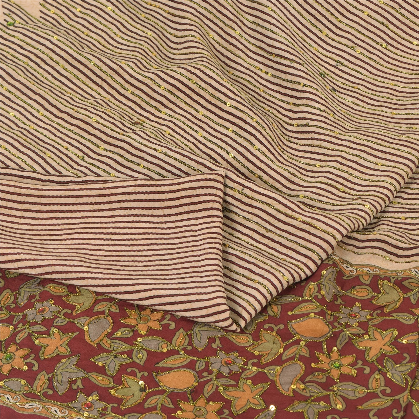 Sanskriti Vintage Sarees Ivory Hand Beaded Pure Crepe Printed Sari 5yd Sustainable Fabric