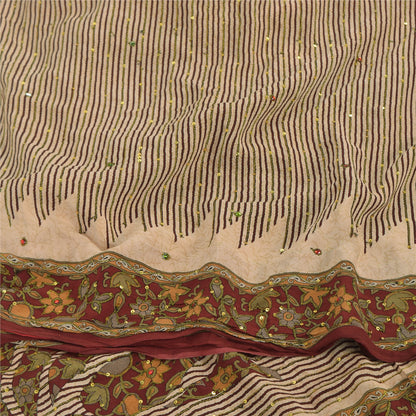 Sanskriti Vintage Sarees Ivory Hand Beaded Pure Crepe Printed Sari 5yd Sustainable Fabric