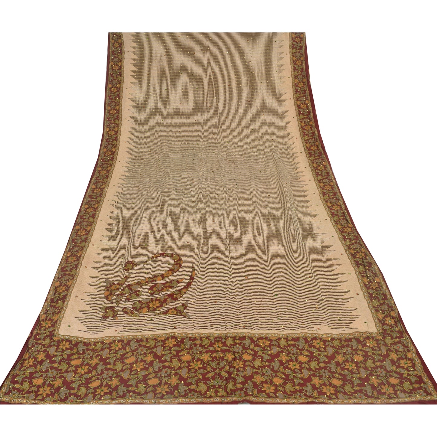 Sanskriti Vintage Sarees Ivory Hand Beaded Pure Crepe Printed Sari 5yd Sustainable Fabric