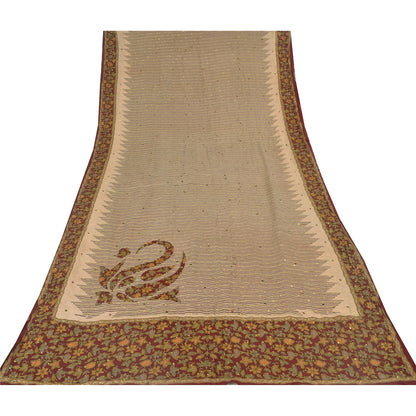 Sanskriti Vintage Sarees Ivory Hand Beaded Pure Crepe Printed Sari 5yd Sustainable Fabric