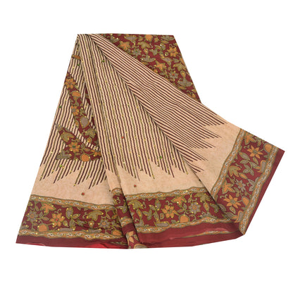 Sanskriti Vintage Sarees Ivory Hand Beaded Pure Crepe Printed Sari 5yd Sustainable Fabric