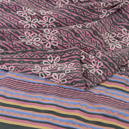 Sanskriti Vintage Sarees Mauve Pure Crepe Silk Printed Sari 5yd Craft Sustainable Fabric