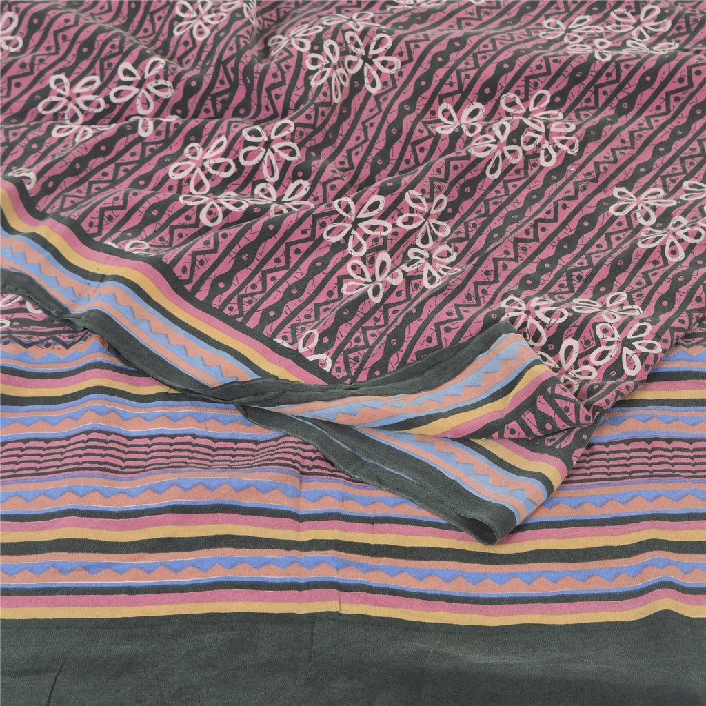 Sanskriti Vintage Sarees Mauve Pure Crepe Silk Printed Sari 5yd Craft Sustainable Fabric