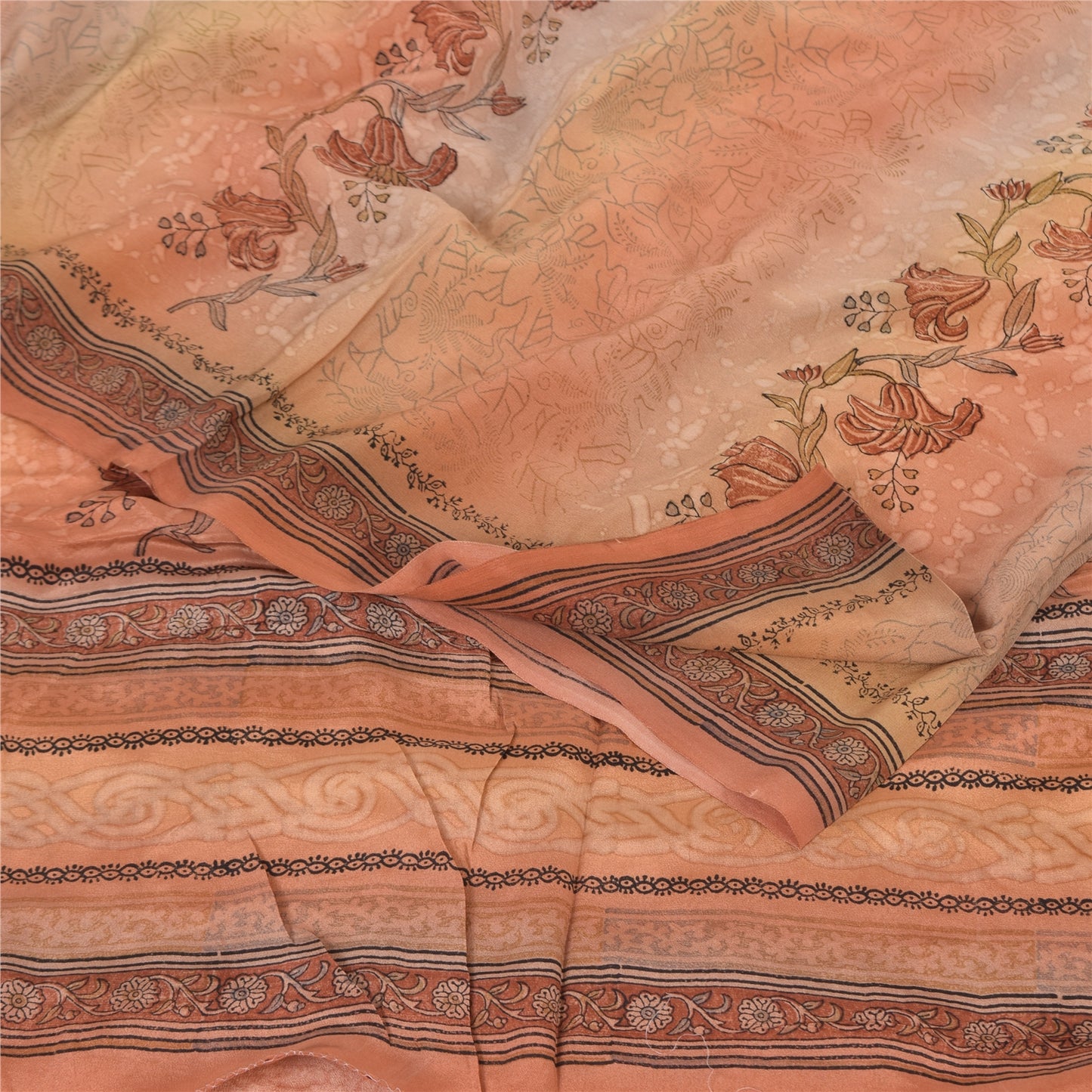 Sanskriti Vintage Sarees Peach Pure Crepe Silk Printed Sari Floral Craft Sustainable Fabric
