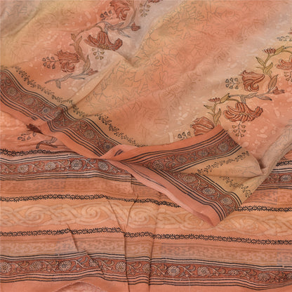 Sanskriti Vintage Sarees Peach Pure Crepe Silk Printed Sari Floral Craft Sustainable Fabric