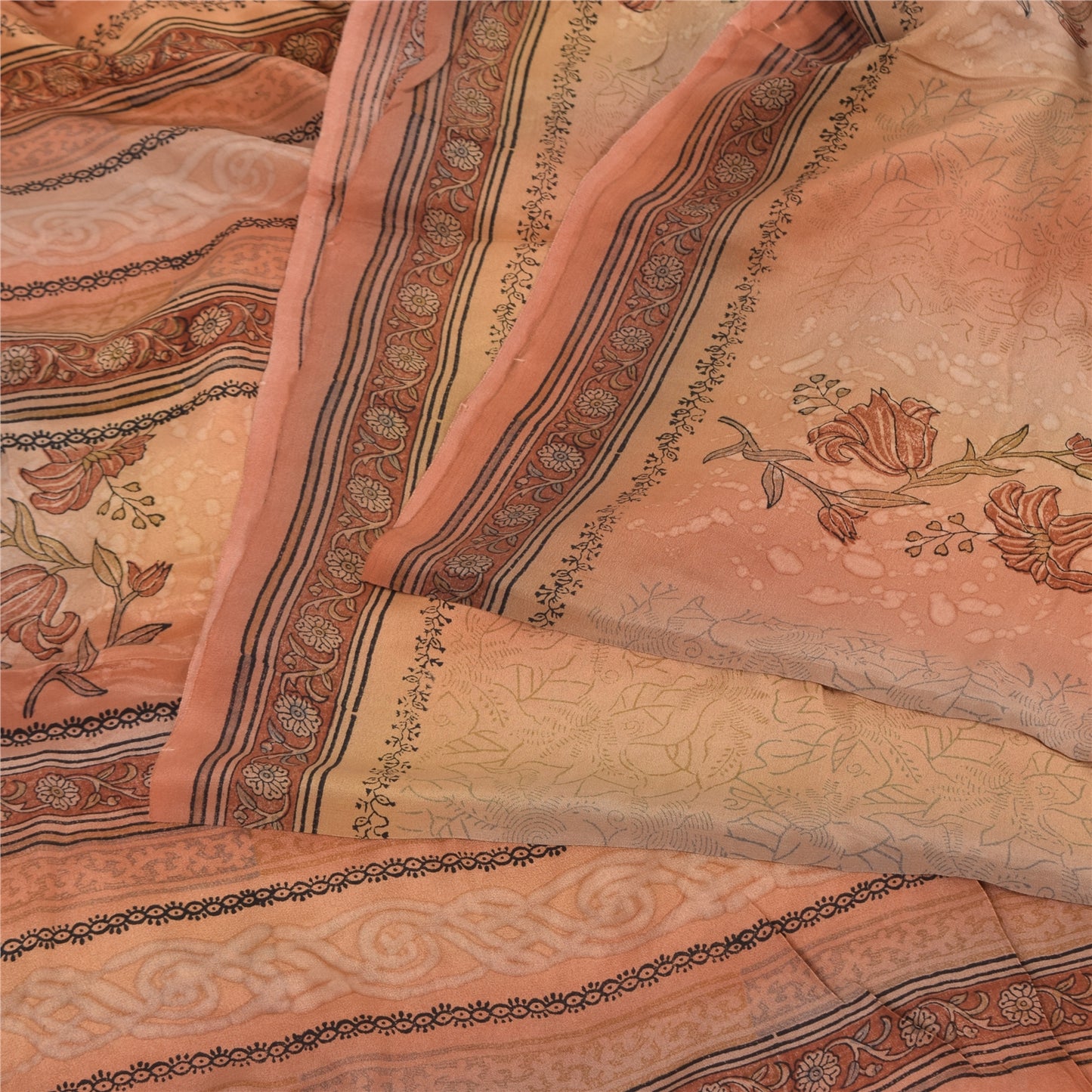 Sanskriti Vintage Sarees Peach Pure Crepe Silk Printed Sari Floral Craft Sustainable Fabric