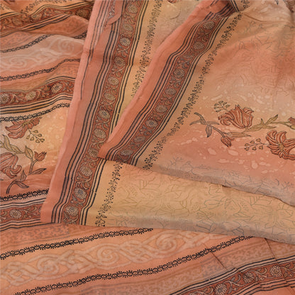 Sanskriti Vintage Sarees Peach Pure Crepe Silk Printed Sari Floral Craft Sustainable Fabric