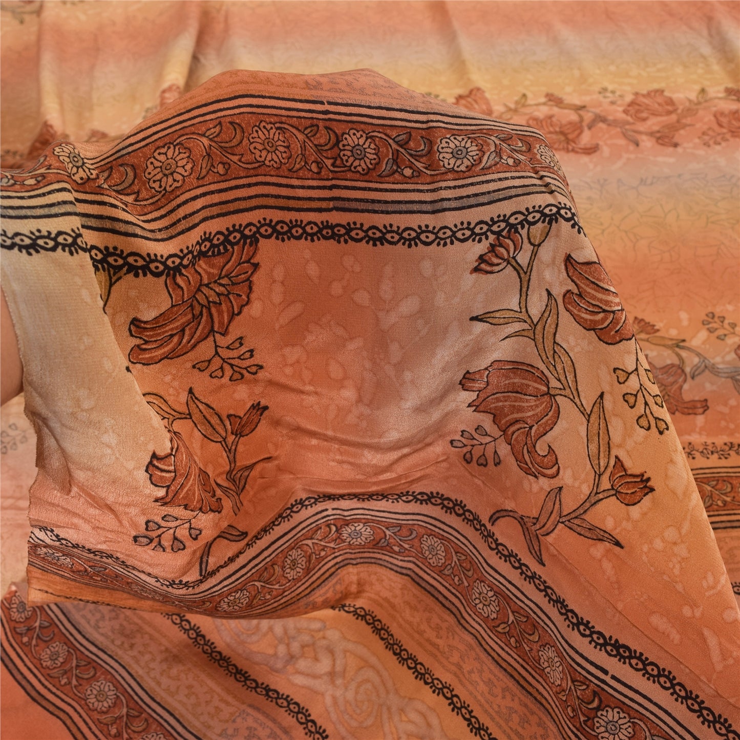 Sanskriti Vintage Sarees Peach Pure Crepe Silk Printed Sari Floral Craft Sustainable Fabric