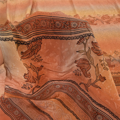 Sanskriti Vintage Sarees Peach Pure Crepe Silk Printed Sari Floral Craft Sustainable Fabric