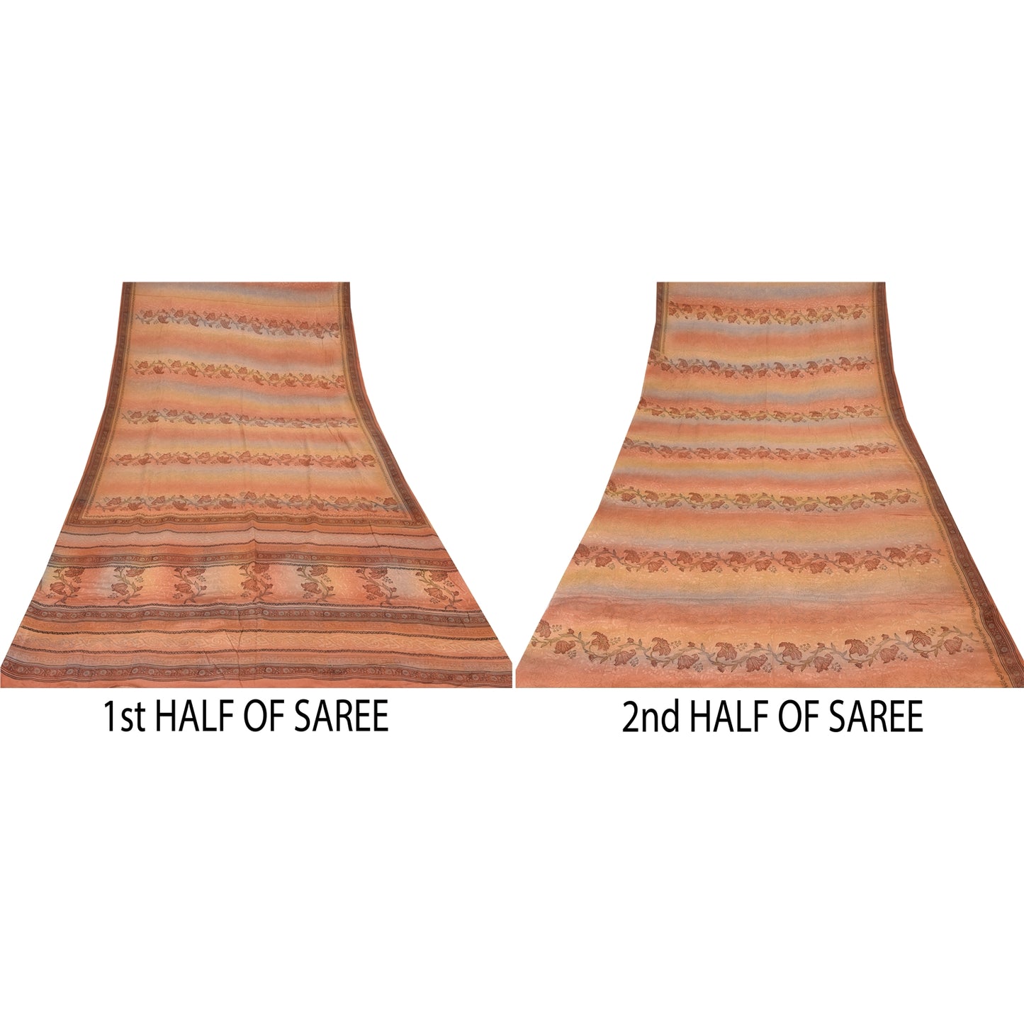 Sanskriti Vintage Sarees Peach Pure Crepe Silk Printed Sari Floral Craft Sustainable Fabric