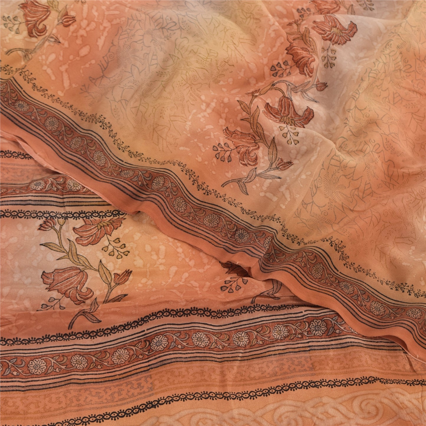 Sanskriti Vintage Sarees Peach Pure Crepe Silk Printed Sari Floral Craft Sustainable Fabric