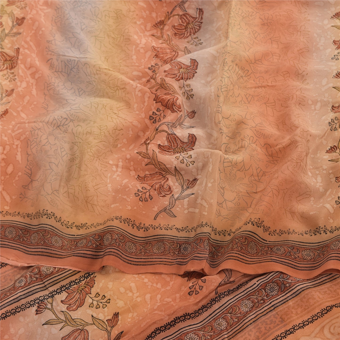 Sanskriti Vintage Sarees Peach Pure Crepe Silk Printed Sari Floral Craft Sustainable Fabric