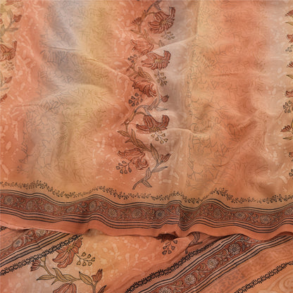 Sanskriti Vintage Sarees Peach Pure Crepe Silk Printed Sari Floral Craft Sustainable Fabric