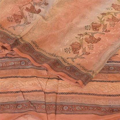 Sanskriti Vintage Sarees Peach Pure Crepe Silk Printed Sari Floral Craft Sustainable Fabric
