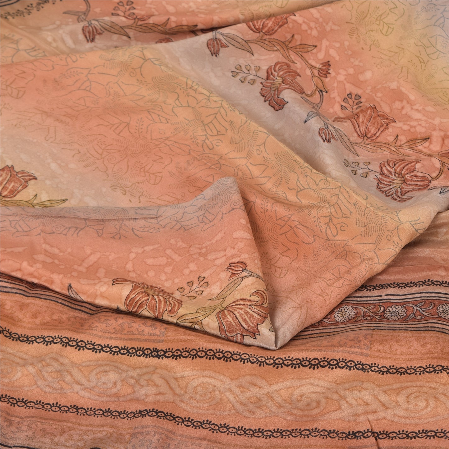 Sanskriti Vintage Sarees Peach Pure Crepe Silk Printed Sari Floral Craft Sustainable Fabric