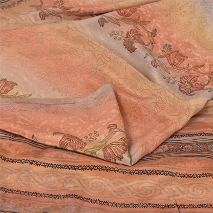 Sanskriti Vintage Sarees Peach Pure Crepe Silk Printed Sari Floral Craft Sustainable Fabric