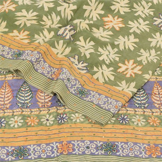 Sanskriti Vintage Sarees Green Pure Crepe Silk Printed Sari 5yd Craft Sustainable Fabric