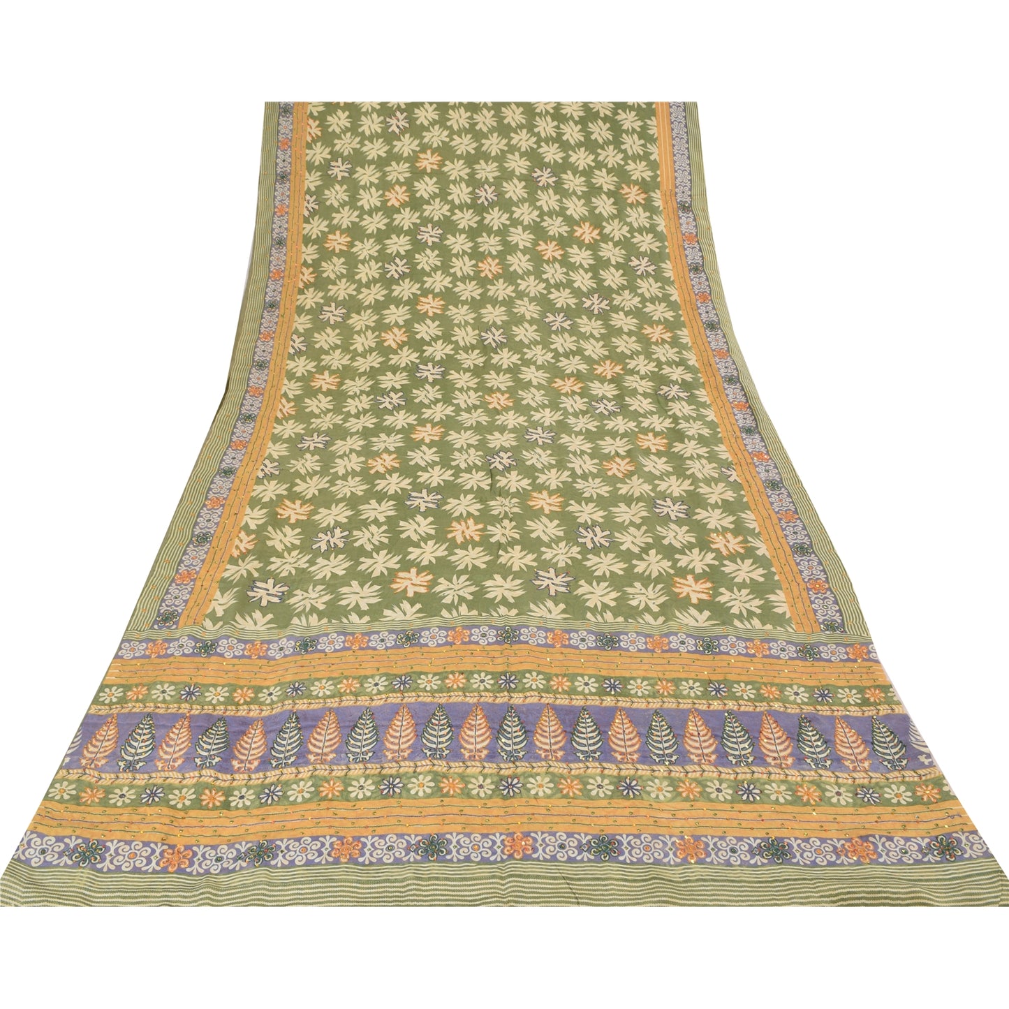 Сари Sanskriti Vintage, зеленое чистое креповое шелковое сари с принтом, 5 ярдов, ткань для рукоделия из экологически чистой ткани