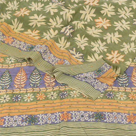 Sanskriti Vintage Sarees Green Pure Crepe Silk Printed Sari 5yd Craft Sustainable Fabric