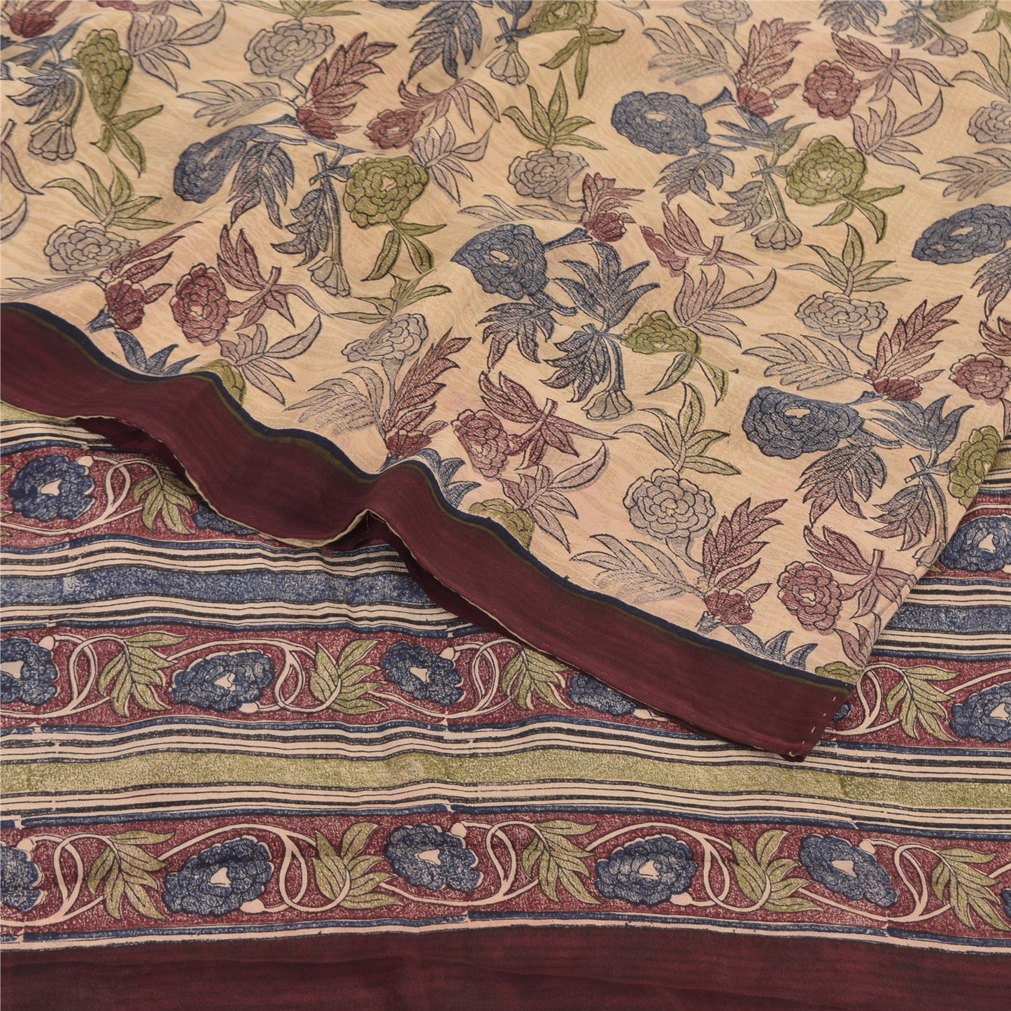 Sanskriti Vintage Sarees Cream Pure Crepe Silk Printed Sari 5yd Craft Sustainable Fabric