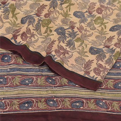 Sanskriti Vintage Sarees Cream Pure Crepe Silk Printed Sari 5yd Craft Sustainable Fabric