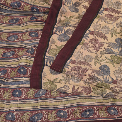 Sanskriti Vintage Sarees Cream Pure Crepe Silk Printed Sari 5yd Craft Sustainable Fabric