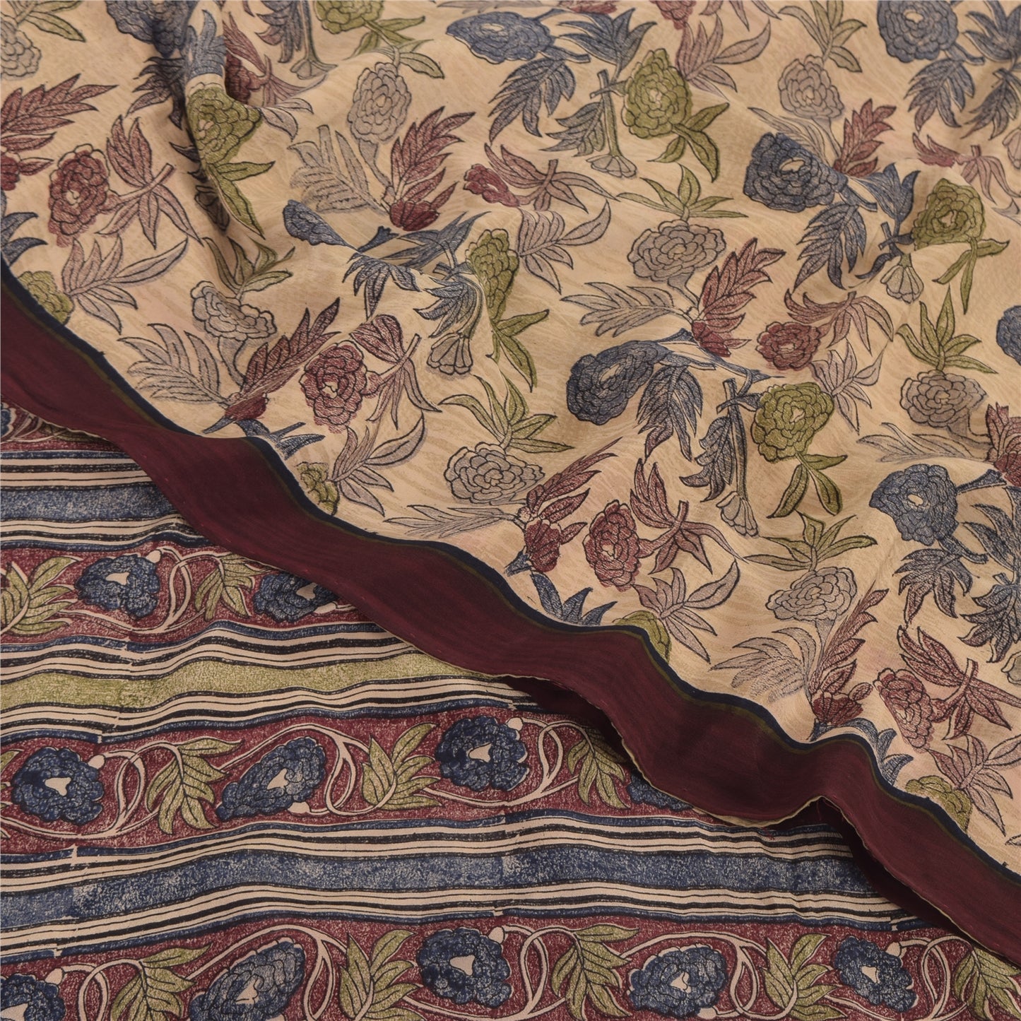 Sanskriti Vintage Sarees Cream Pure Crepe Silk Printed Sari 5yd Craft Sustainable Fabric