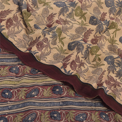 Sanskriti Vintage Sarees Cream Pure Crepe Silk Printed Sari 5yd Craft Sustainable Fabric