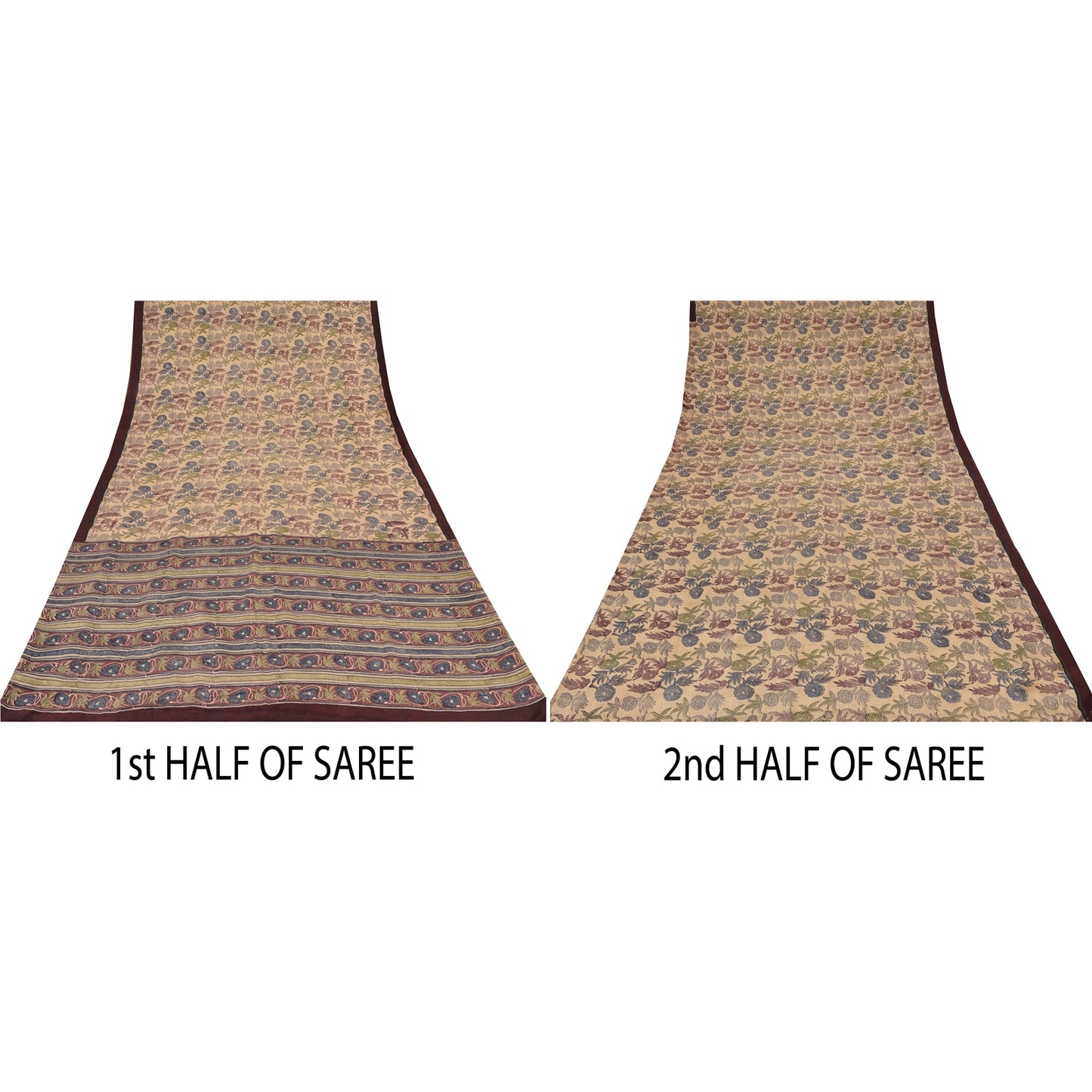 Sanskriti Vintage Sarees Cream Pure Crepe Silk Printed Sari 5yd Craft Sustainable Fabric