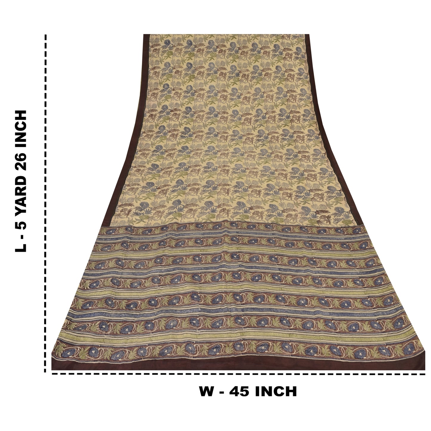 Sanskriti Vintage Sarees Cream Pure Crepe Silk Printed Sari 5yd Craft Sustainable Fabric