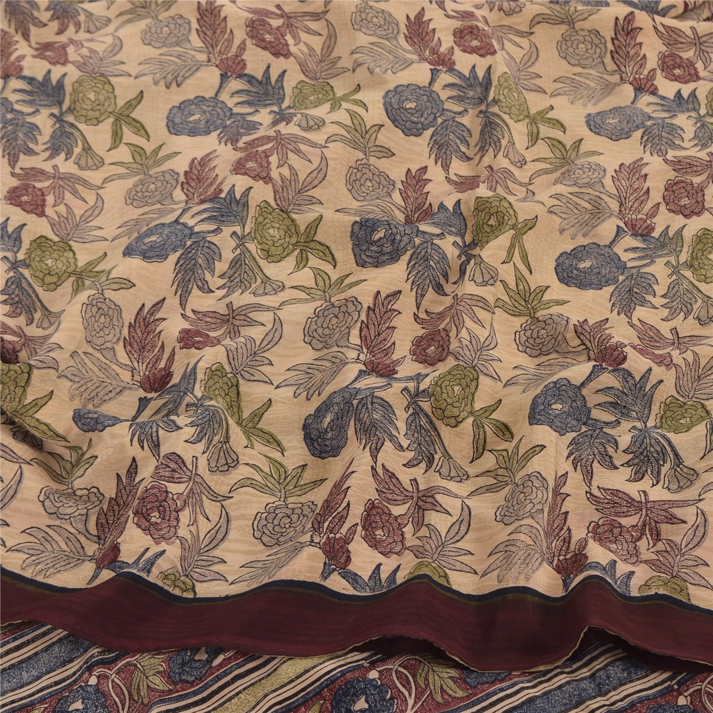 Sanskriti Vintage Sarees Cream Pure Crepe Silk Printed Sari 5yd Craft Sustainable Fabric