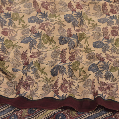 Sanskriti Vintage Sarees Cream Pure Crepe Silk Printed Sari 5yd Craft Sustainable Fabric