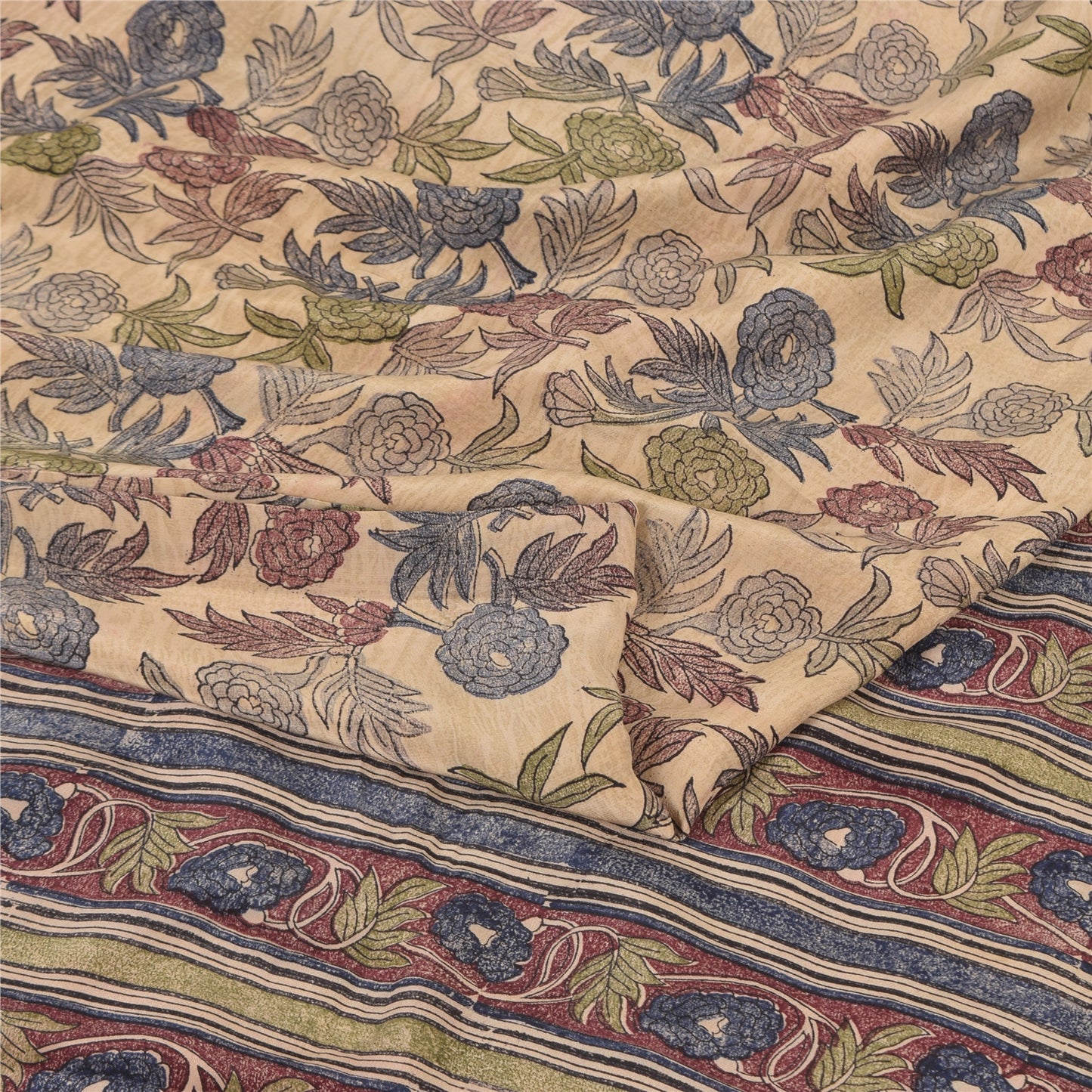 Sanskriti Vintage Sarees Cream Pure Crepe Silk Printed Sari 5yd Craft Sustainable Fabric