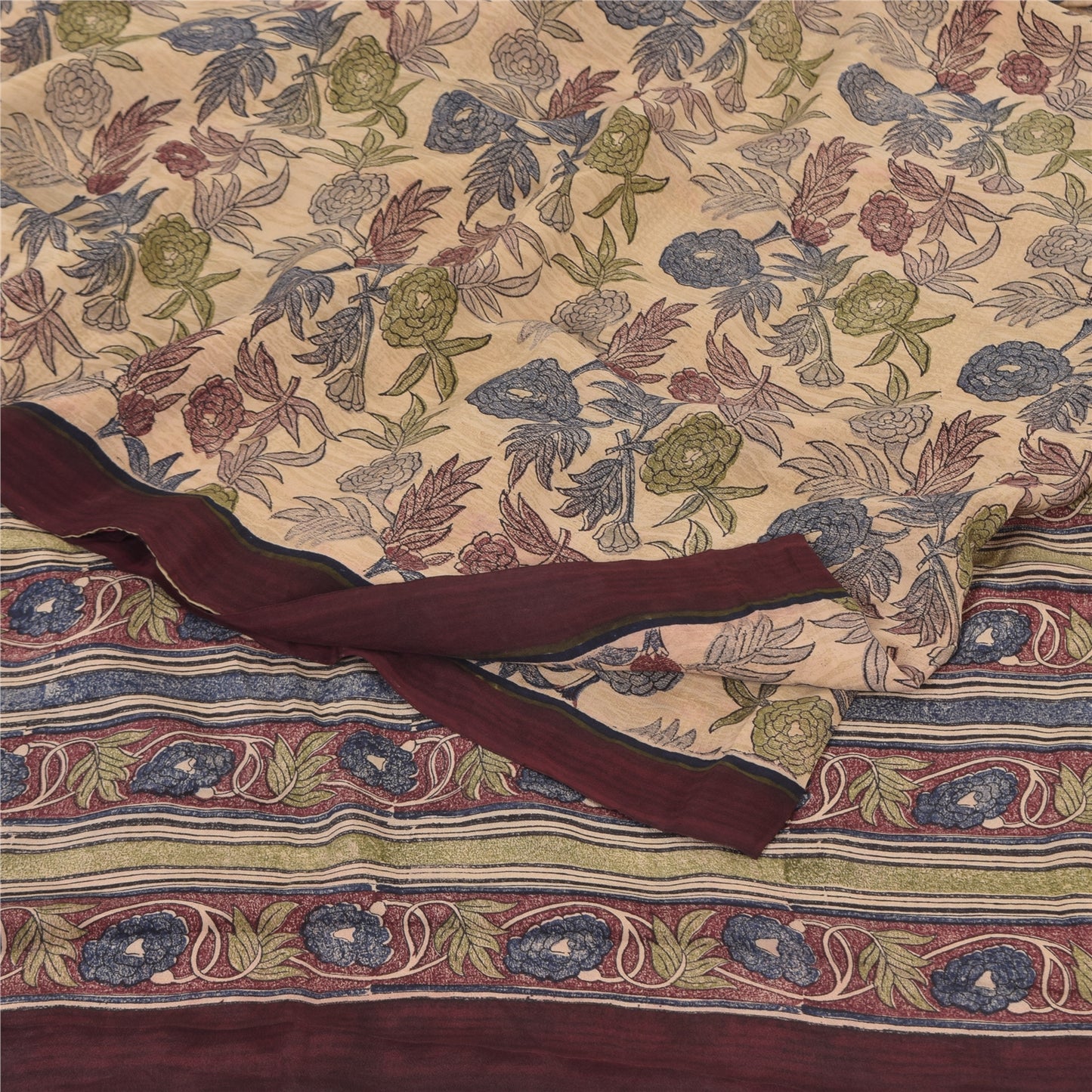 Sanskriti Vintage Sarees Cream Pure Crepe Silk Printed Sari 5yd Craft Sustainable Fabric