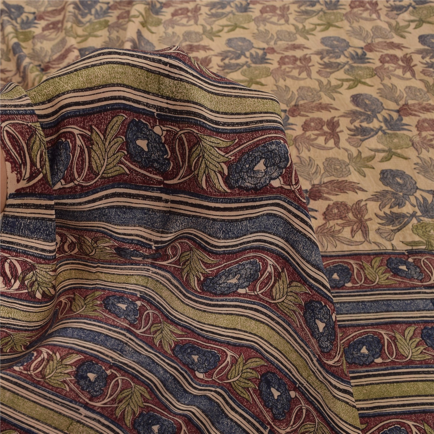 Sanskriti Vintage Sarees Cream Pure Crepe Silk Printed Sari 5yd Craft Sustainable Fabric