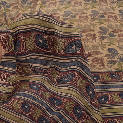 Sanskriti Vintage Sarees Cream Pure Crepe Silk Printed Sari 5yd Craft Sustainable Fabric