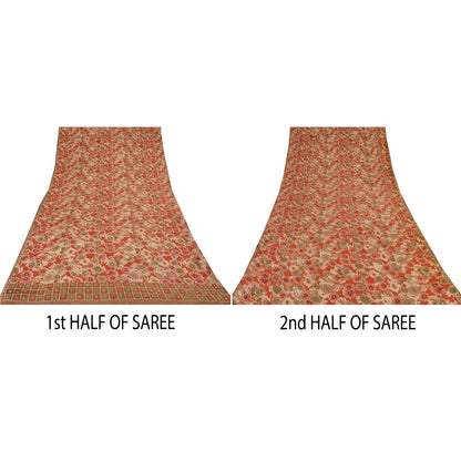 Sanskriti Vintage Sarees Orange Hand Beaded French Knot Pure Crepe Sari Sustainable Fabric