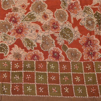 Sanskriti Vintage Sarees Orange Hand Beaded French Knot Pure Crepe Sari Sustainable Fabric