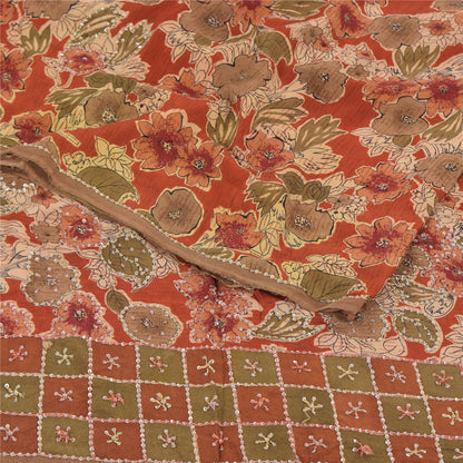 Sanskriti Vintage Sarees Orange Hand Beaded French Knot Pure Crepe Sari Sustainable Fabric