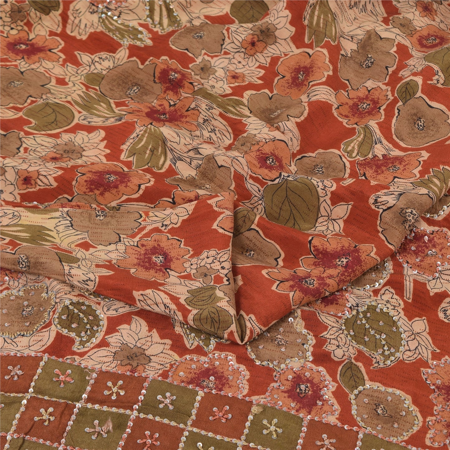 Sanskriti Vintage Sarees Orange Hand Beaded French Knot Pure Crepe Sari Sustainable Fabric