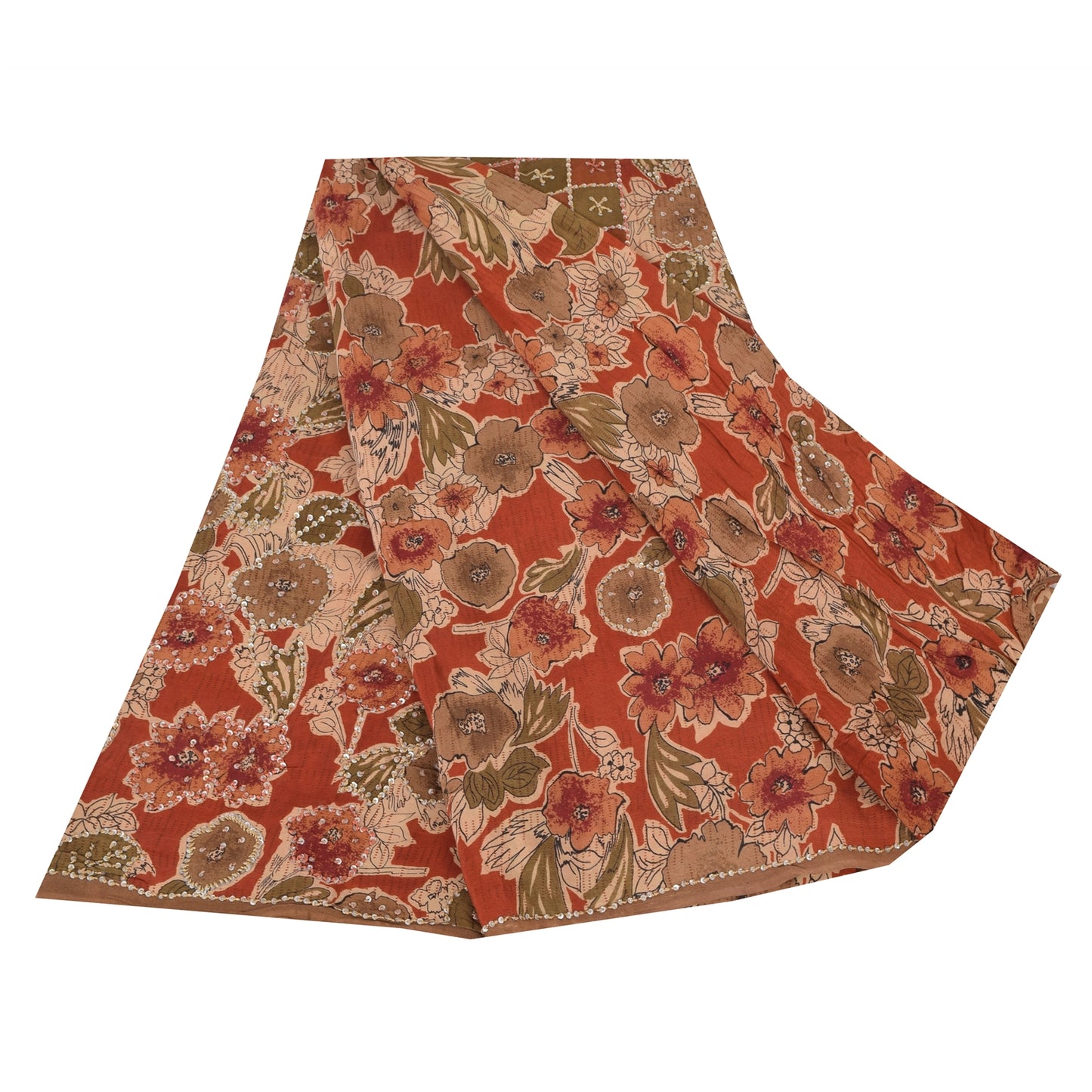 Sanskriti Vintage Sarees Orange Hand Beaded French Knot Pure Crepe Sari Sustainable Fabric