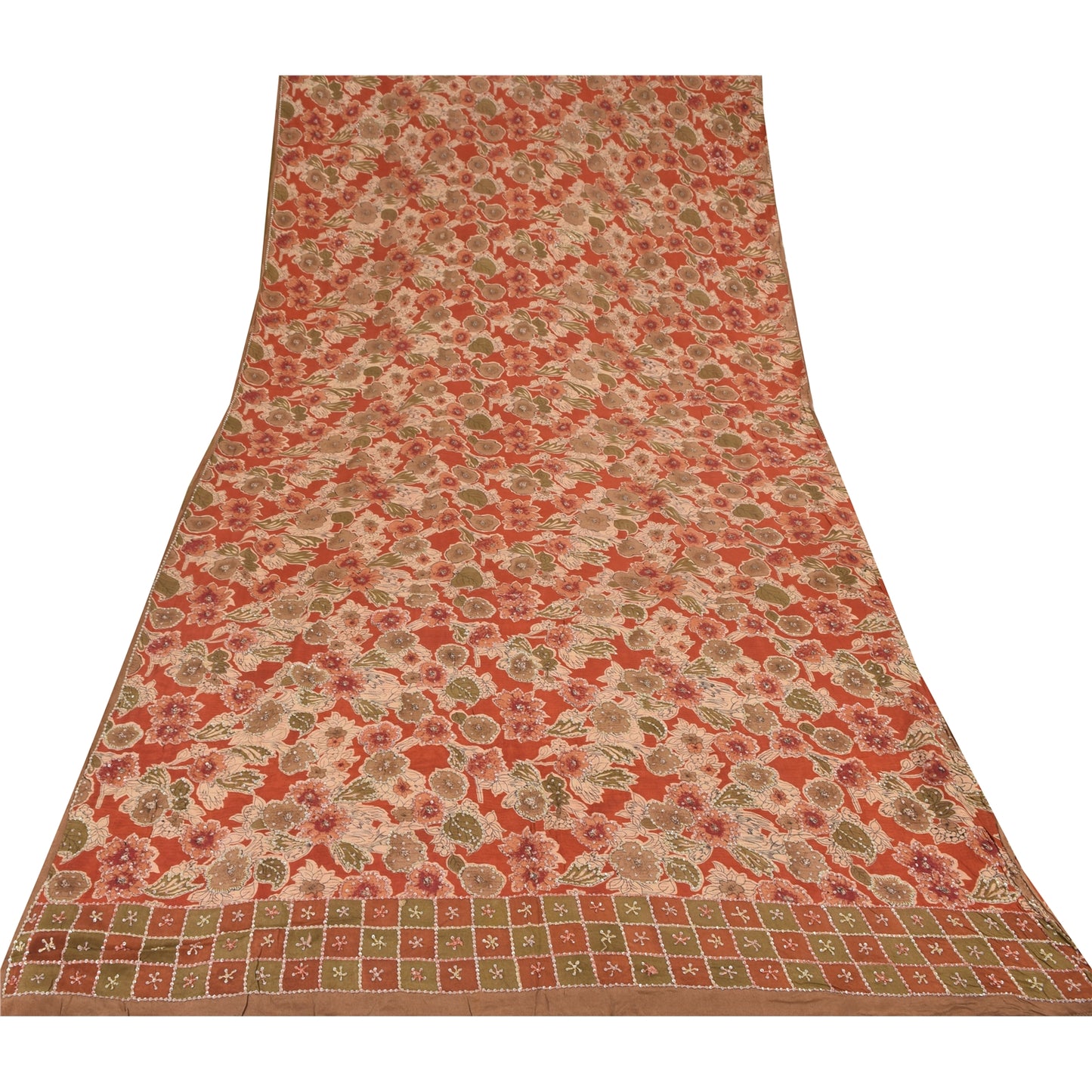 Sanskriti Vintage Sarees Orange Hand Beaded French Knot Pure Crepe Sari Sustainable Fabric