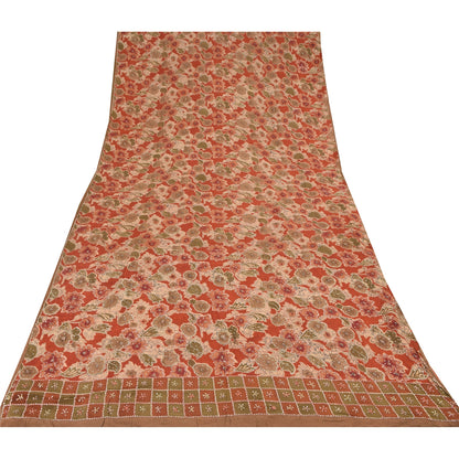 Sanskriti Vintage Sarees Orange Hand Beaded French Knot Pure Crepe Sari Sustainable Fabric