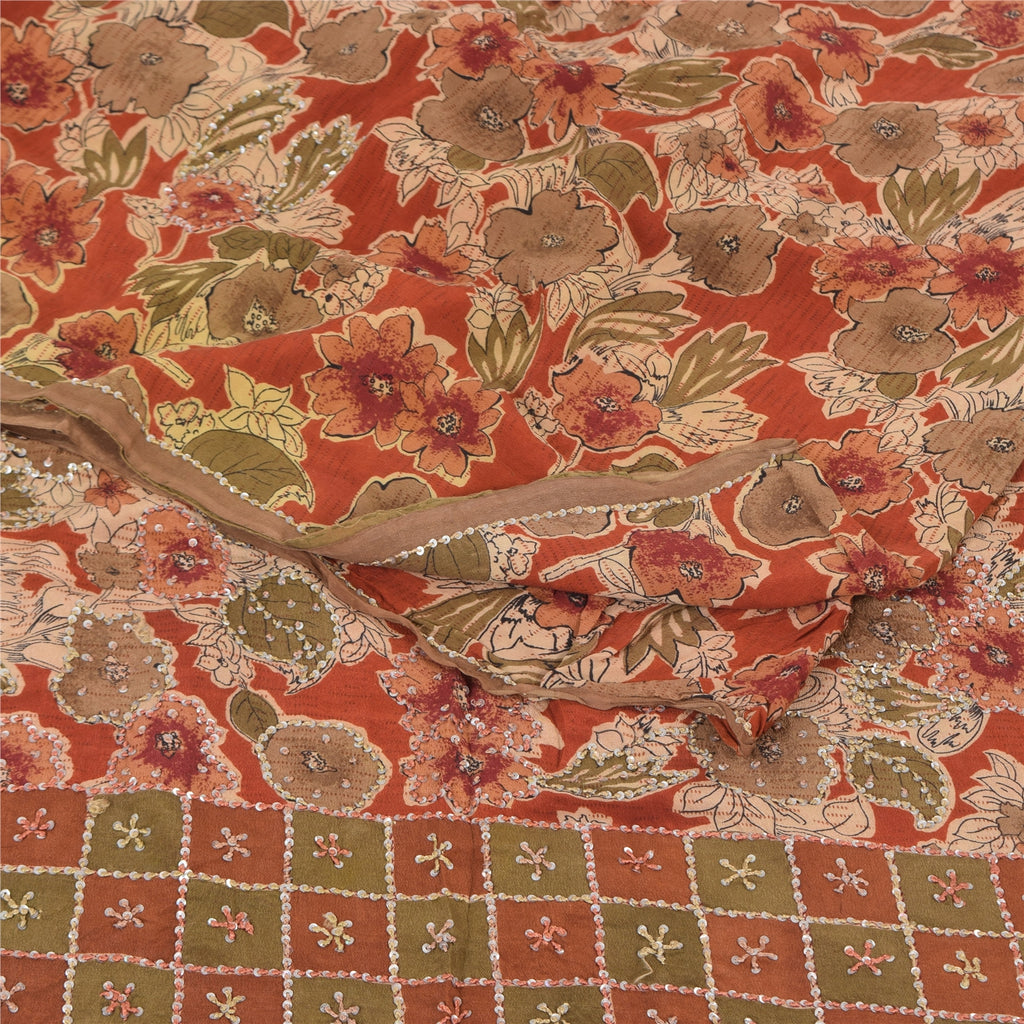 Sanskriti Vintage Sarees Orange Hand Beaded French Knot Pure Crepe Sari Sustainable Fabric