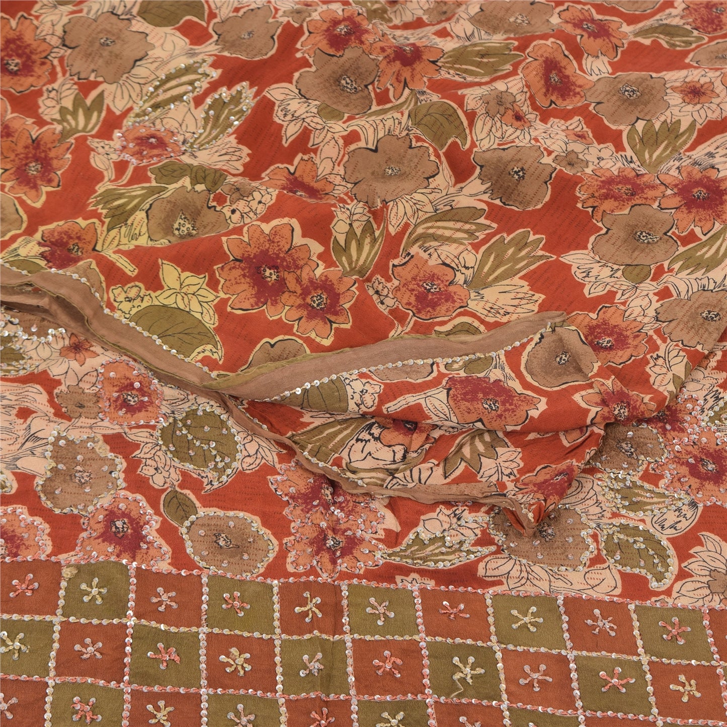 Sanskriti Vintage Sarees Orange Hand Beaded French Knot Pure Crepe Sari Sustainable Fabric